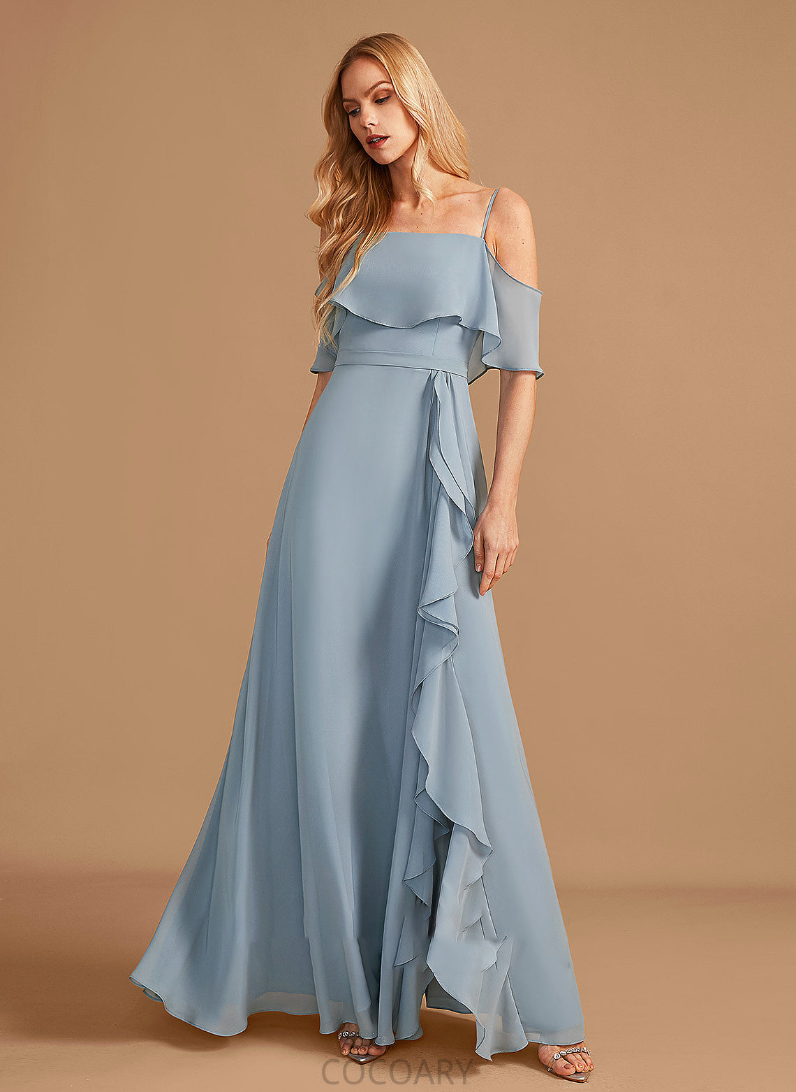 Ruffle Length A-Line Silhouette Embellishment SplitFront Neckline Fabric Floor-Length Off-the-Shoulder Lucile Floor Length Bridesmaid Dresses