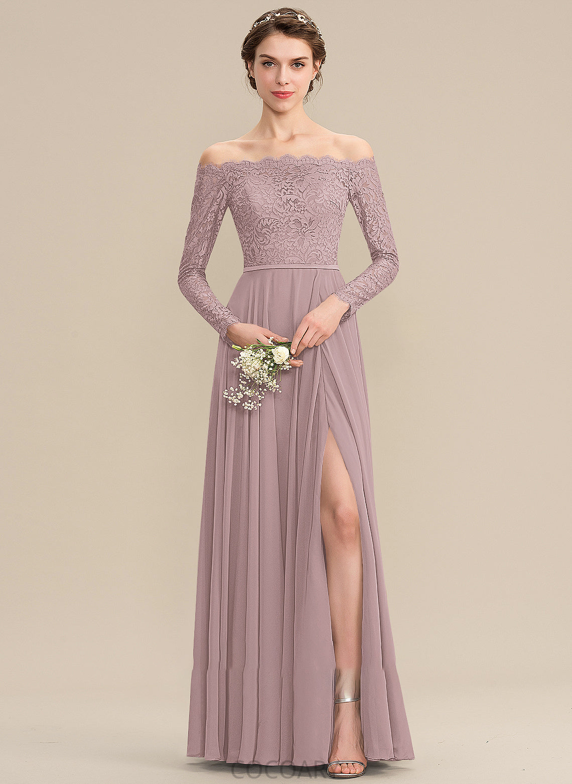 Neckline SplitFront Length A-Line Fabric Embellishment Silhouette Off-the-Shoulder Floor-Length Mallory Natural Waist A-Line/Princess Bridesmaid Dresses