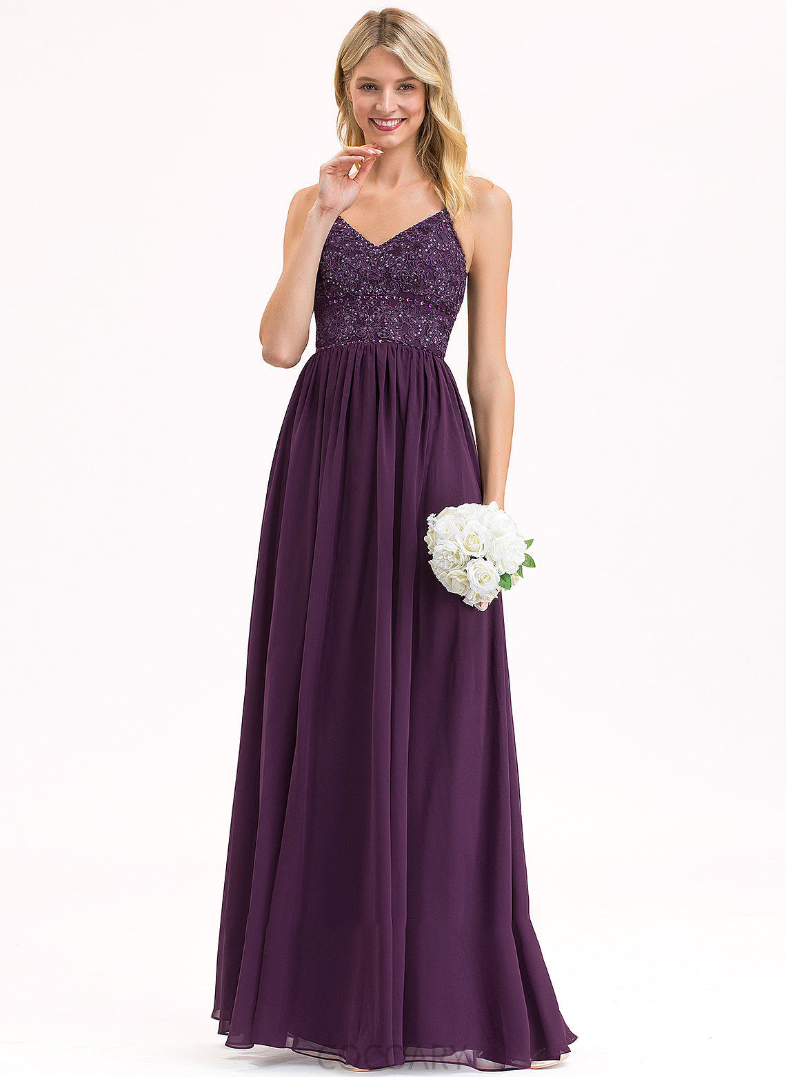 Floor-Length Fabric V-neck Beading Length A-Line Embellishment Sequins Silhouette Neckline Rosalie A-Line/Princess Bridesmaid Dresses