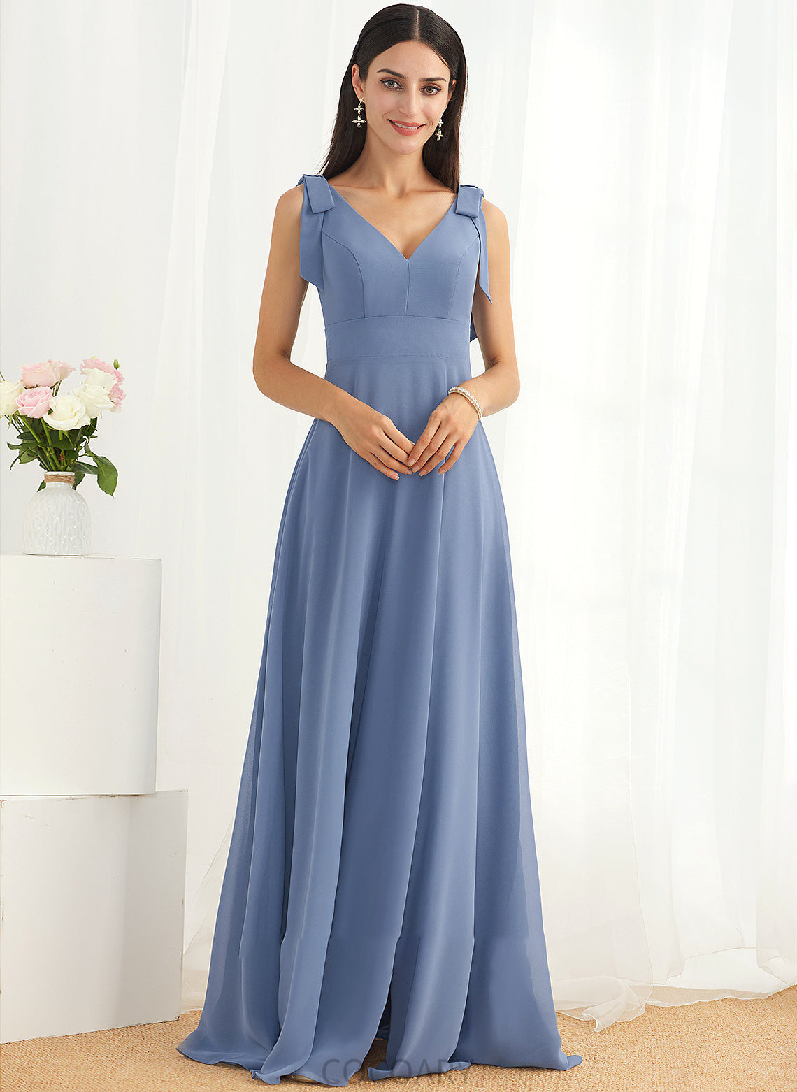 Floor-Length Fabric A-Line Embellishment Silhouette Bow(s) Length Neckline SplitFront V-neck Willa Floor Length Bridesmaid Dresses