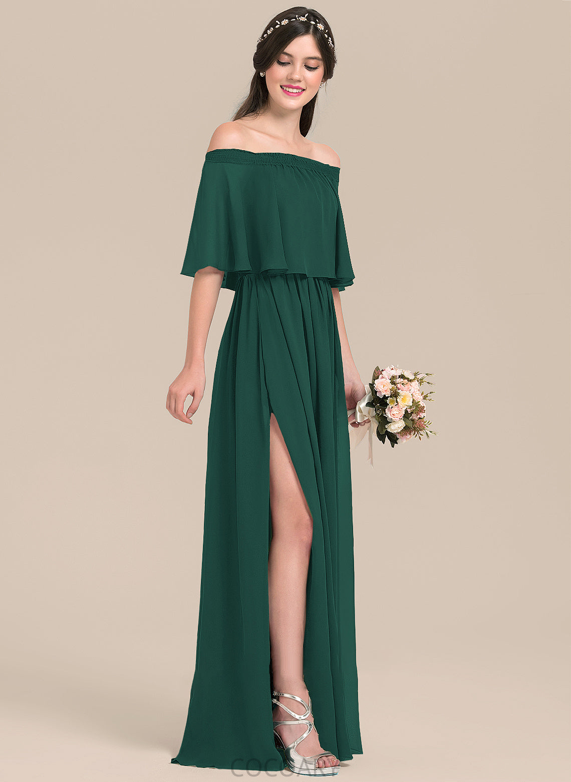 Floor-Length Off-the-Shoulder A-Line Embellishment Fabric Length Neckline SplitFront Silhouette Nellie A-Line/Princess Floor Length Bridesmaid Dresses