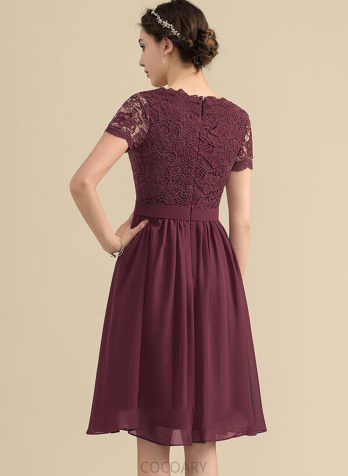 Fabric V-neck Length Lace Knee-Length A-Line Straps Silhouette Neckline Karlee Sleeveless V-Neck Bridesmaid Dresses