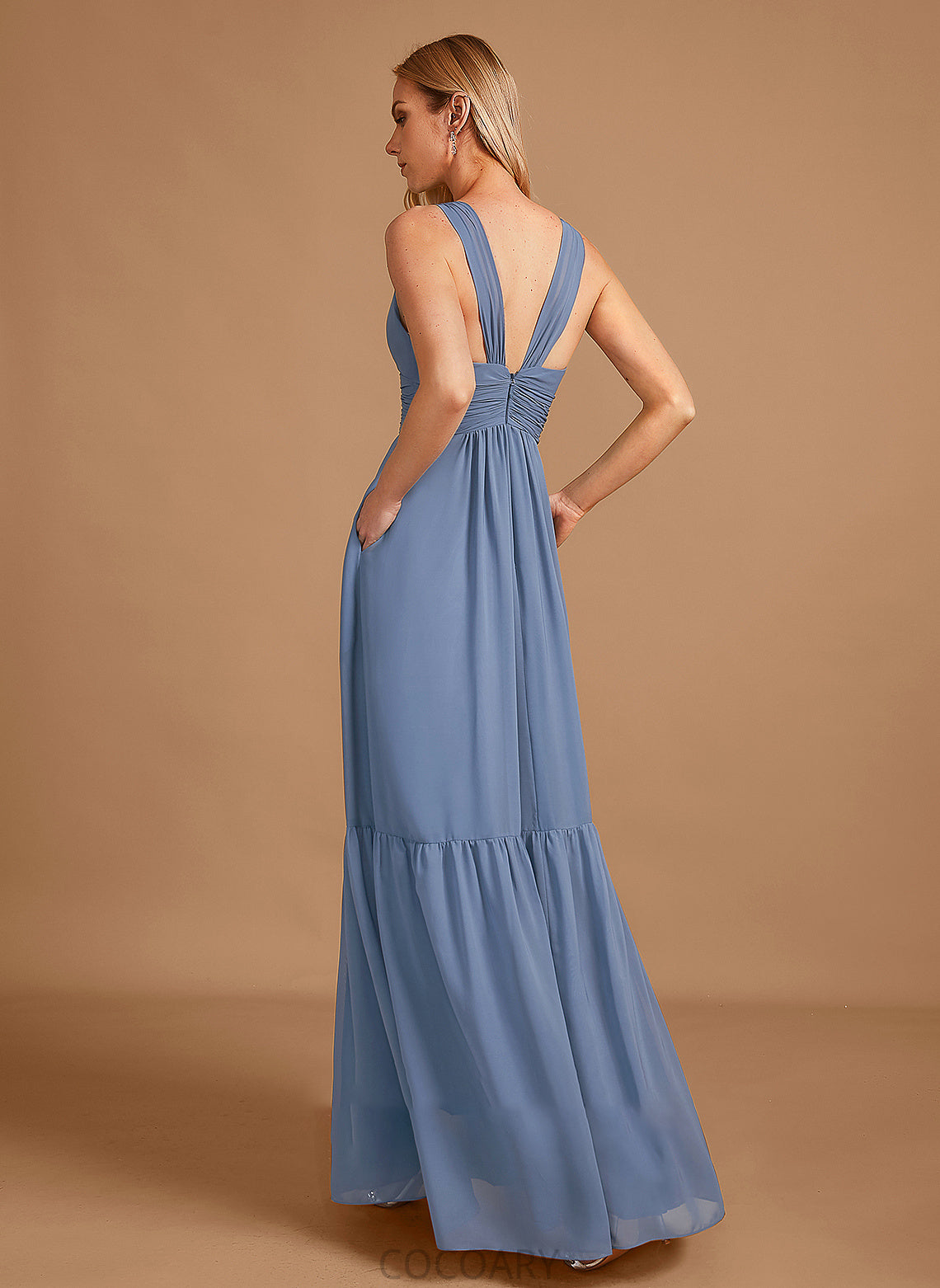 A-Line Embellishment Fabric V-neck Pockets Length Floor-Length Neckline Silhouette Anahi Trumpet/Mermaid Sleeveless Bridesmaid Dresses