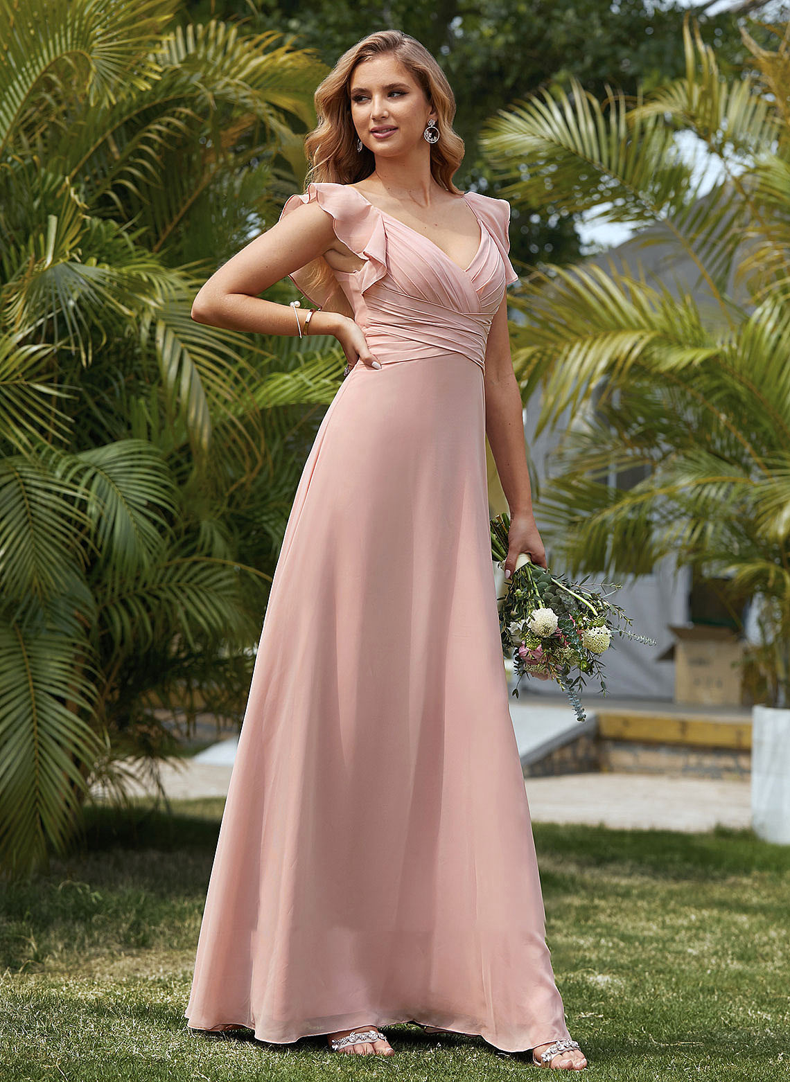 Silhouette Length Embellishment Empire Floor-Length V-neck CascadingRuffles Fabric Neckline Karma Sleeveless A-Line/Princess Bridesmaid Dresses