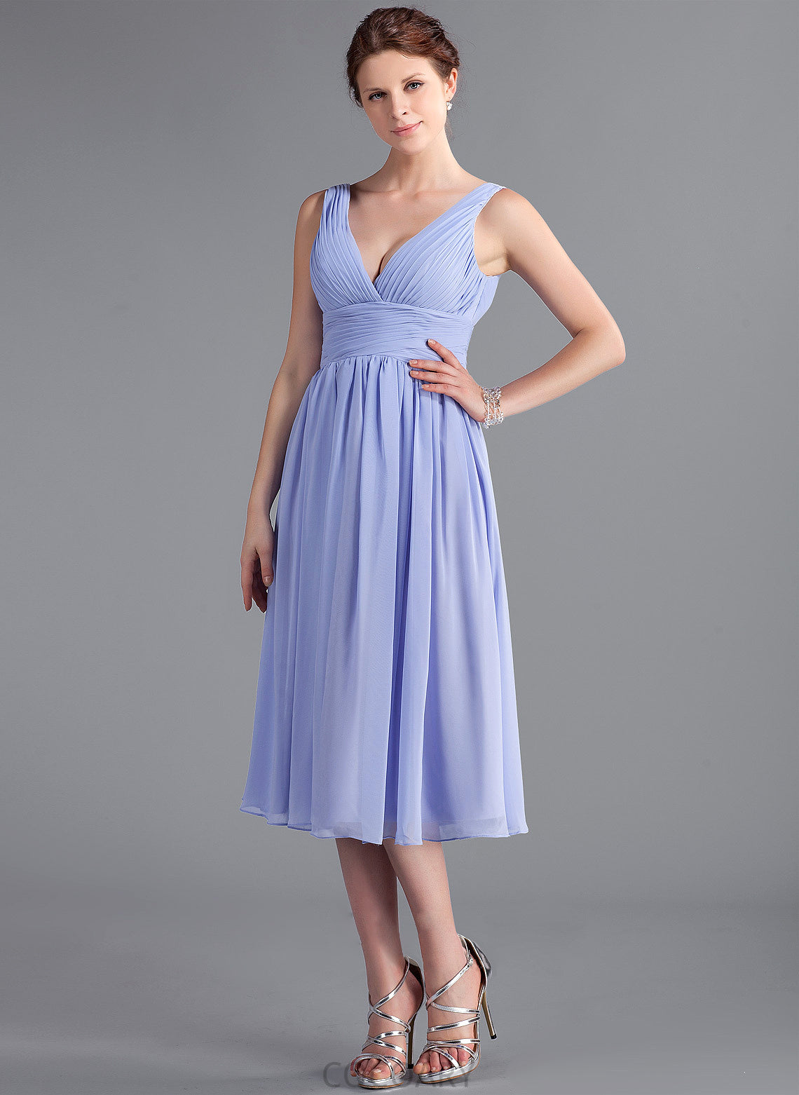 A-Line Embellishment Silhouette Ruffle Fabric Neckline Length Tea-Length V-neck Thirza Floor Length Natural Waist Bridesmaid Dresses