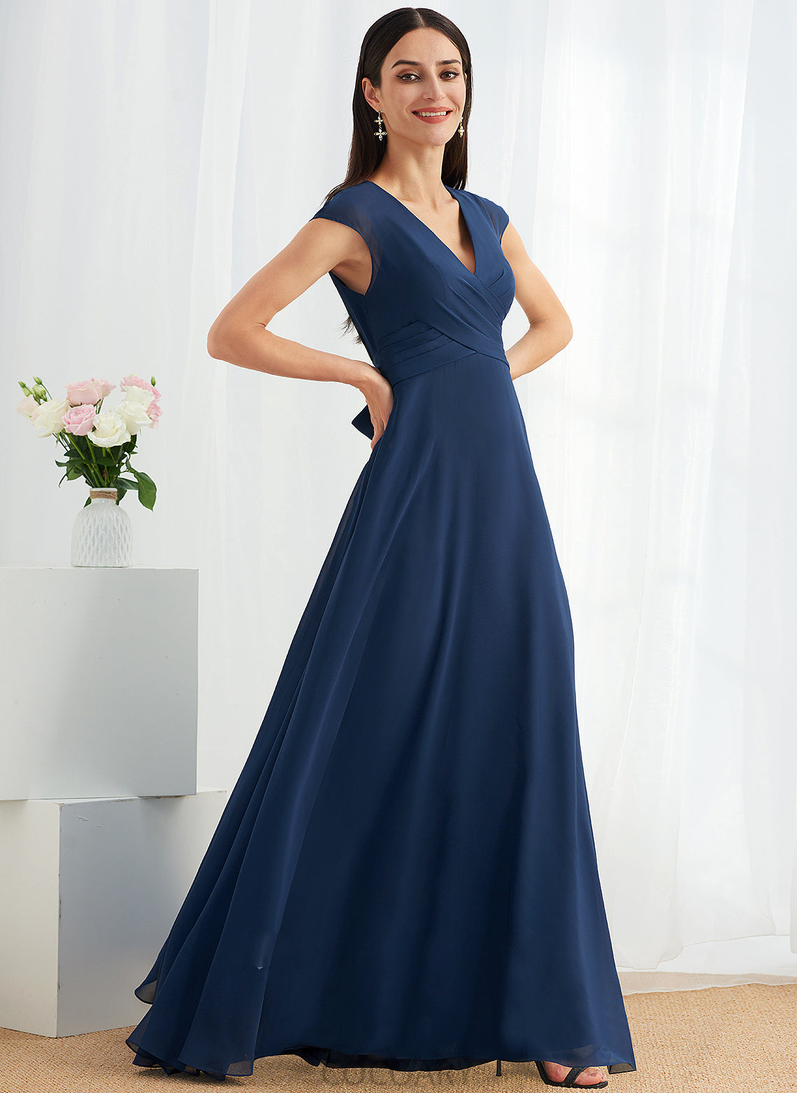 Ruffle Embellishment Neckline Fabric A-Line Silhouette Length Floor-Length V-neck Isla Sleeveless Natural Waist Bridesmaid Dresses