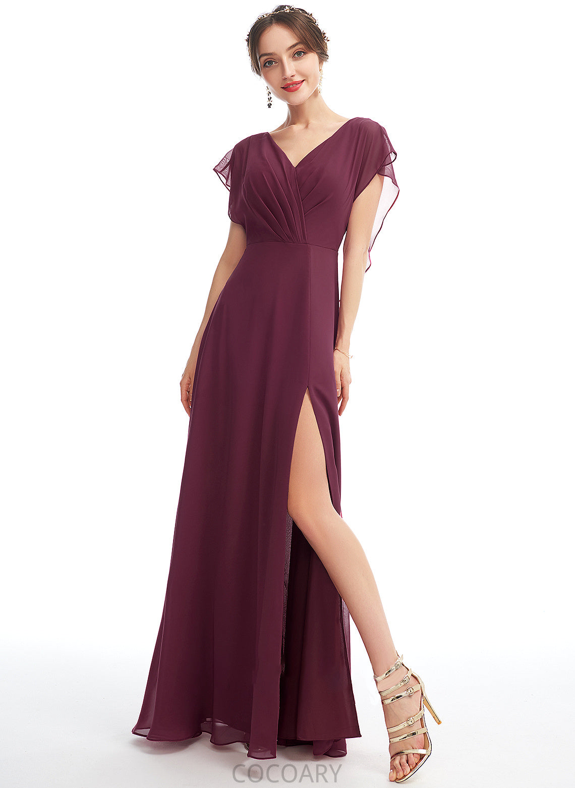 Ruffle Fabric V-neck Floor-Length Embellishment Neckline Silhouette Length A-Line SplitFront Shelby Sleeveless Bridesmaid Dresses