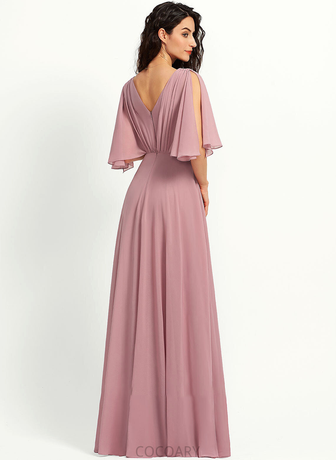 A-Line Fabric Silhouette V-neck Ruffle Floor-Length Length Neckline Embellishment Renee Floor Length V-Neck Bridesmaid Dresses