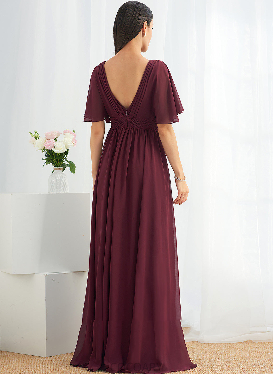 Fabric Floor-Length V-neck A-Line Silhouette Ruffle Neckline Embellishment Length Sloane Sleeveless Straps Bridesmaid Dresses