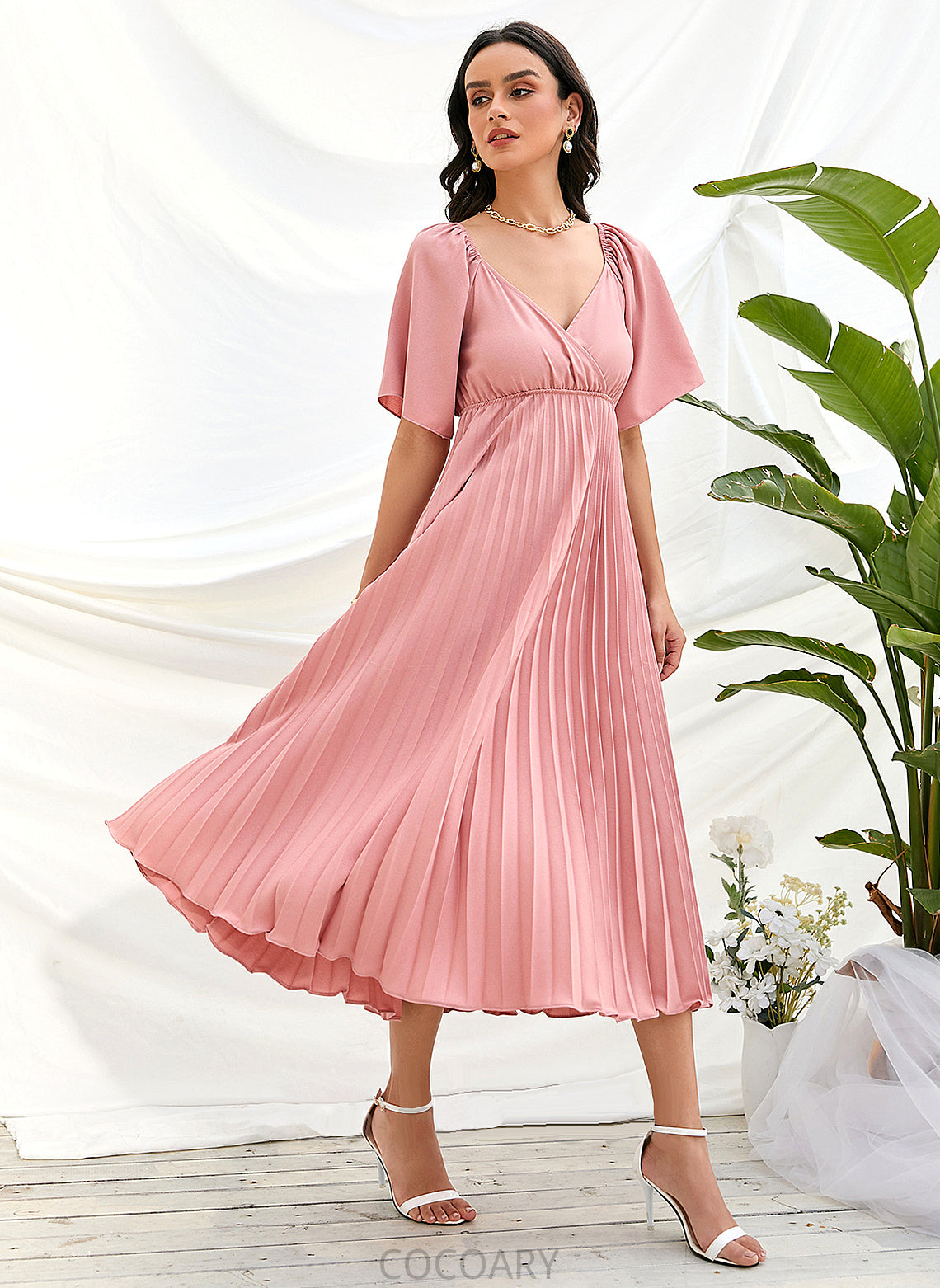 Neckline V-neck Length Embellishment Pleated Fabric Silhouette Tea-Length A-Line Jane A-Line/Princess Natural Waist Bridesmaid Dresses