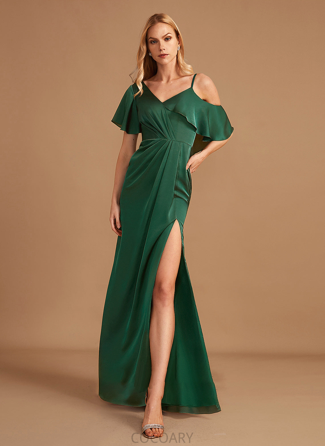 Silhouette SplitFront Embellishment Sheath/Column Fabric Neckline V-neck Floor-Length Length Hanna Spaghetti Staps Natural Waist Bridesmaid Dresses