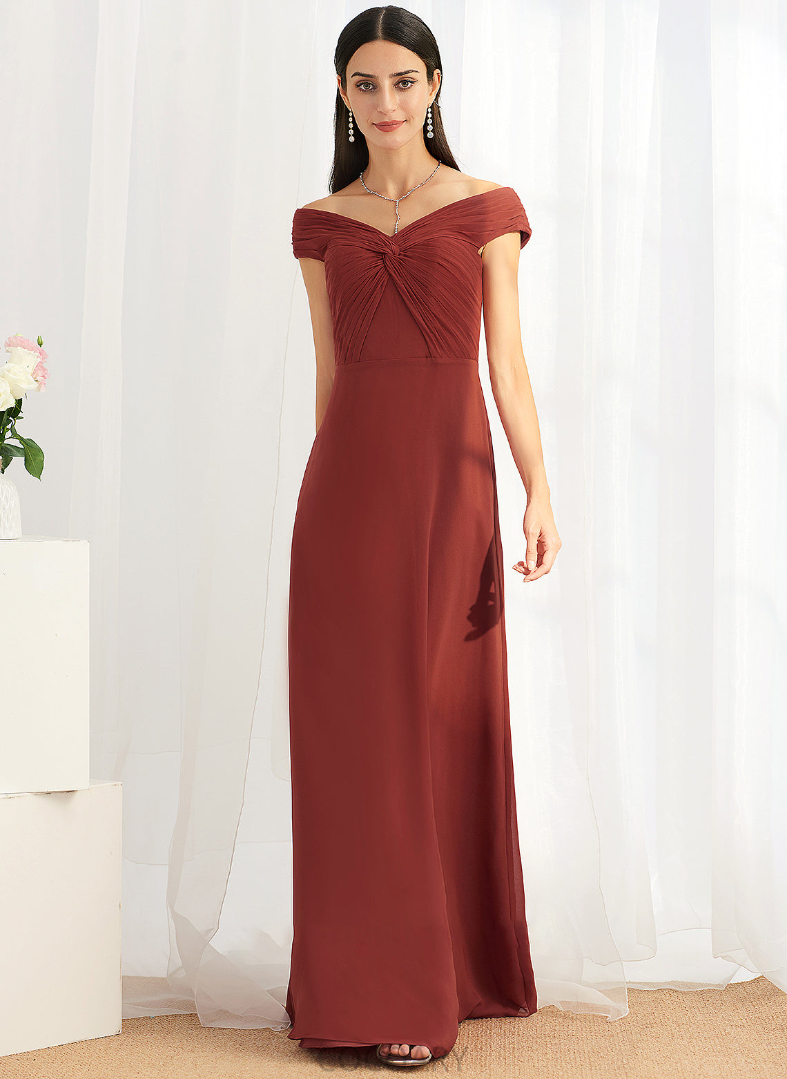 Neckline Floor-Length Sheath/Column Embellishment Fabric Silhouette Ruffle Off-the-Shoulder Length Alina V-Neck Sweep-Brush Train Bridesmaid Dresses