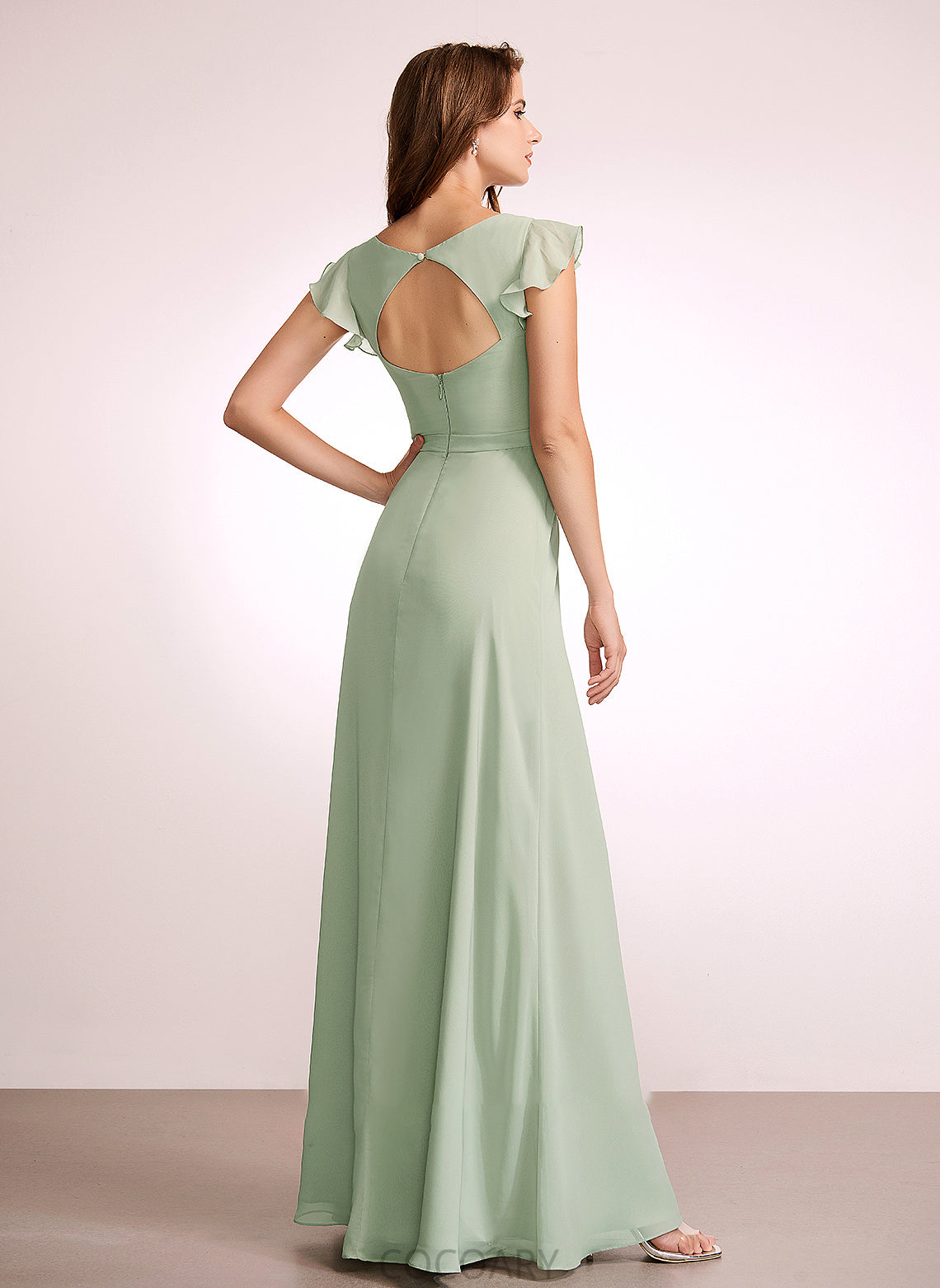 Floor-Length Neckline SplitFront Embellishment V-neck Fabric Length Silhouette A-Line Sherry Sleeveless Natural Waist Bridesmaid Dresses