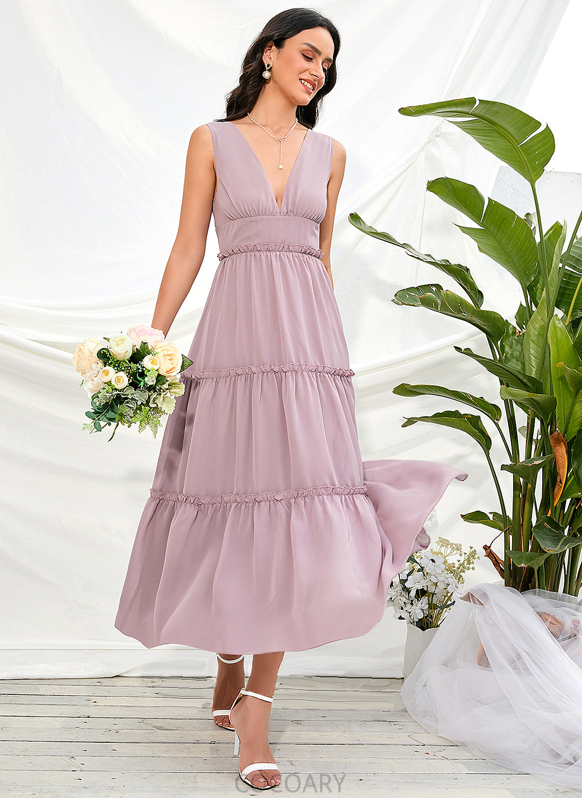 Tea-Length Length A-Line Silhouette V-neck Straps Fabric Polyester Neckline Destinee Spaghetti Staps Trumpet/Mermaid Bridesmaid Dresses