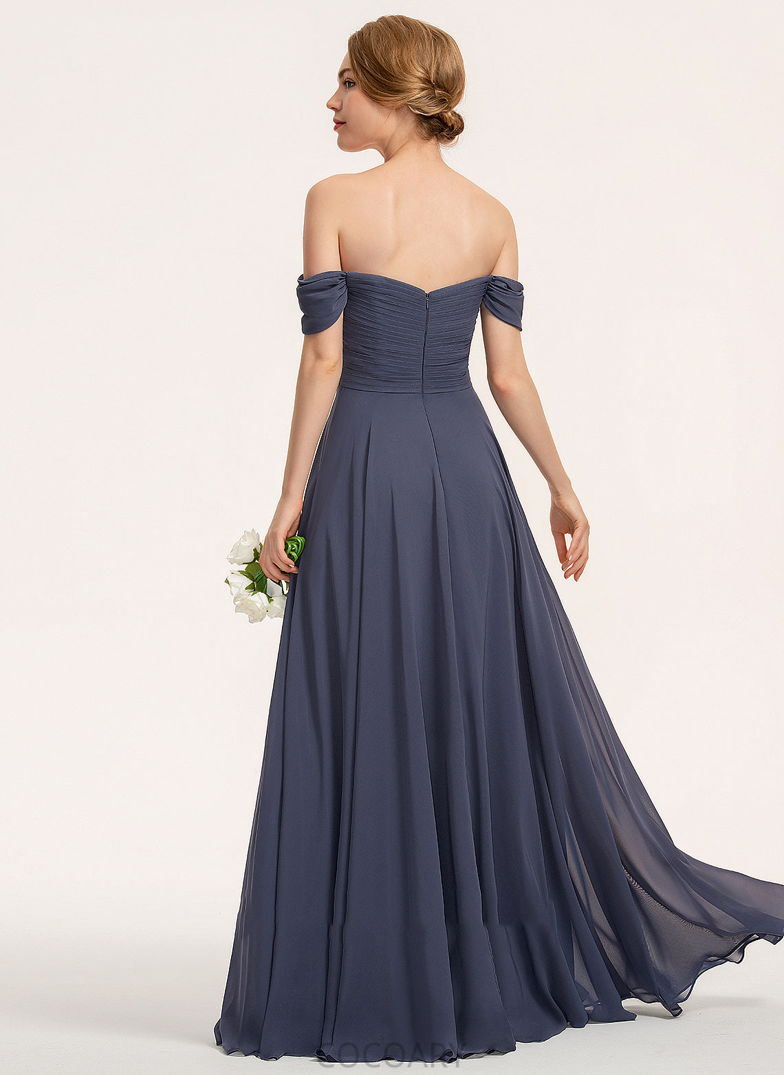 Length Floor-Length A-Line Silhouette Neckline Fabric Off-the-Shoulder Ruffle Embellishment Nicole Natural Waist V-Neck Bridesmaid Dresses