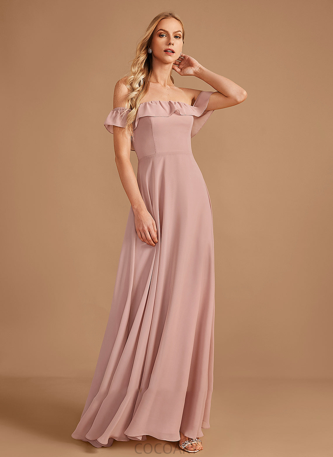 Length Ruffle Floor-Length Embellishment A-Line Off-the-Shoulder Neckline Silhouette Fabric Rebecca A-Line/Princess Natural Waist Bridesmaid Dresses