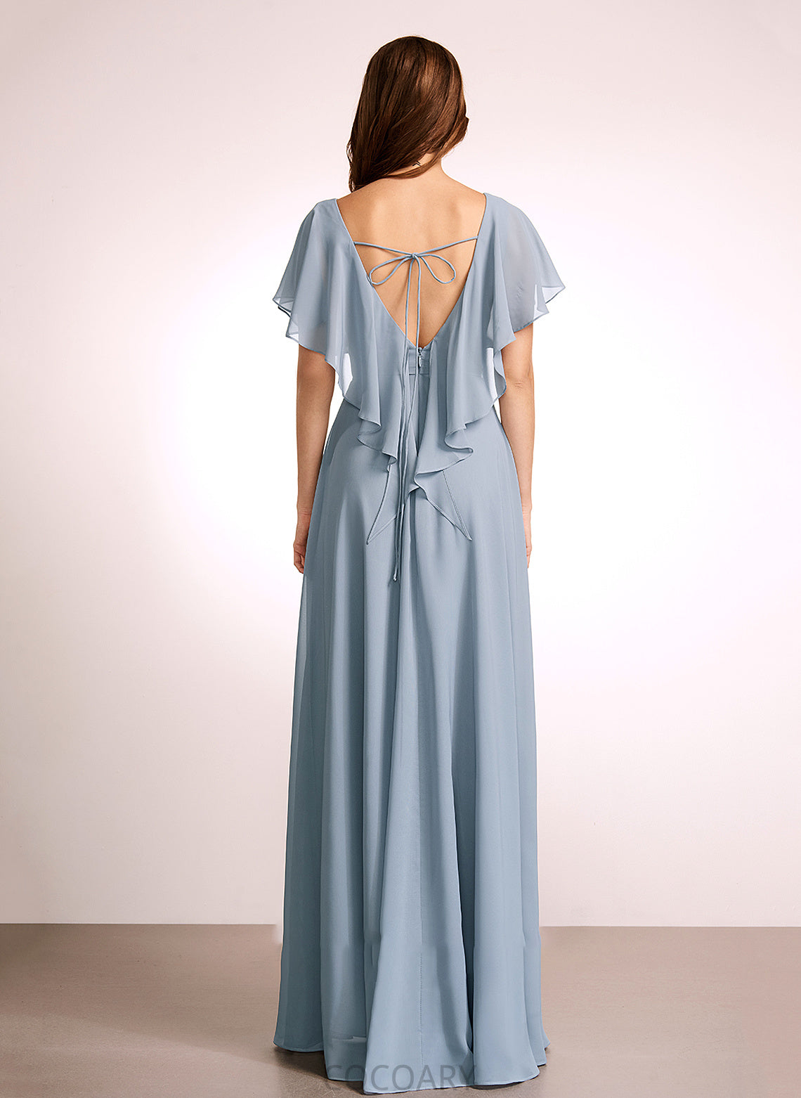 Ruffle Length A-Line Floor-Length Silhouette Neckline Fabric Embellishment V-neck Persis Natural Waist Scoop Bridesmaid Dresses