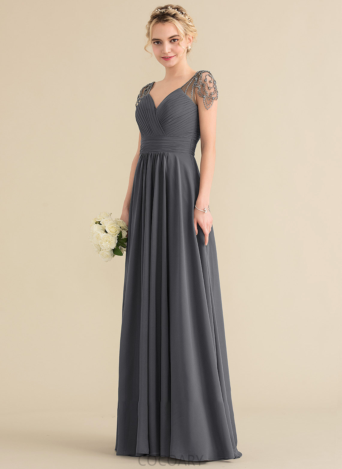 Length Beading Sequins Silhouette Floor-Length Fabric Ruffle V-neck Embellishment Neckline A-Line Karli Bridesmaid Dresses