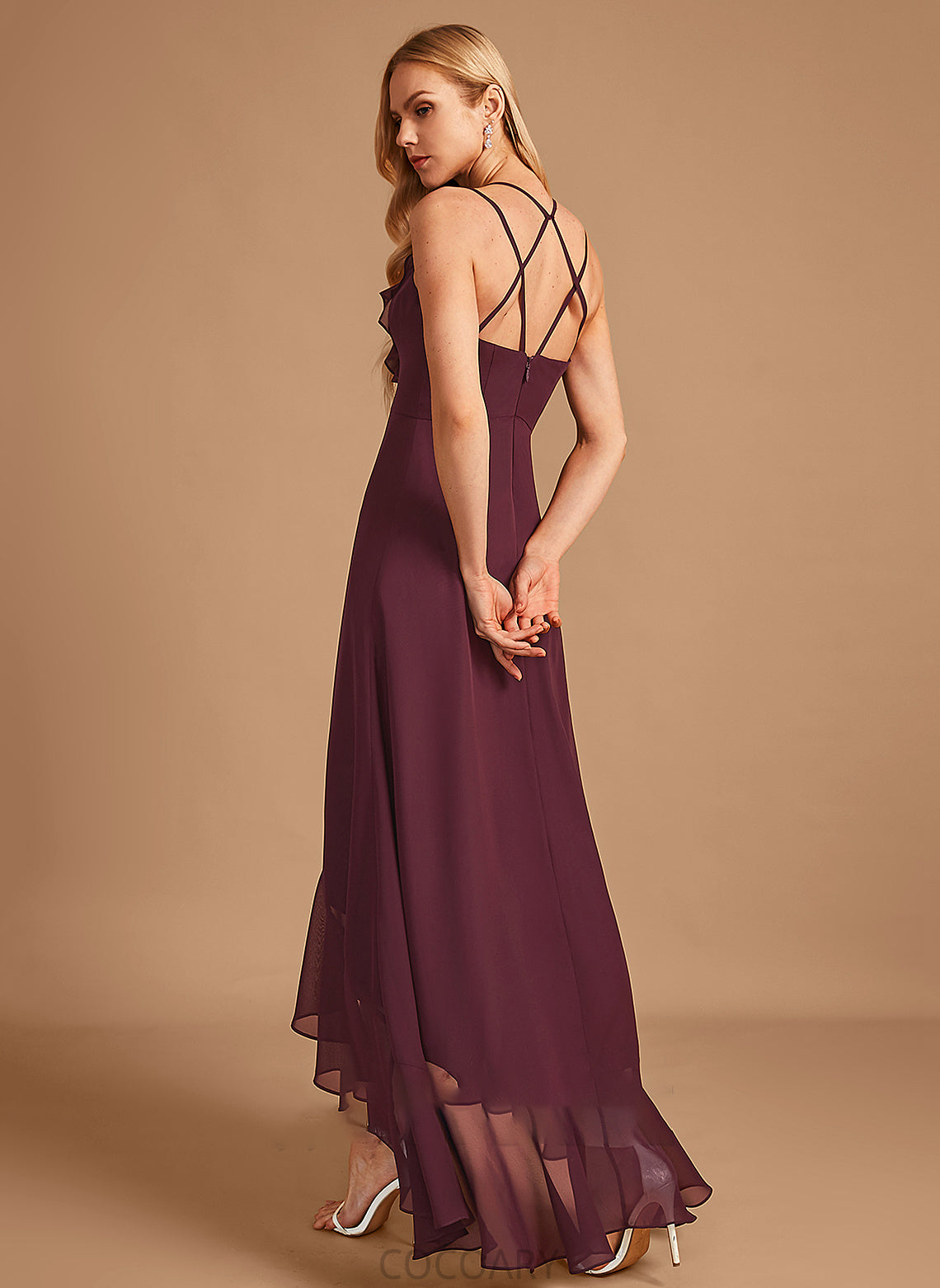 Neckline A-Line V-neck Ruffle Embellishment SplitFront Length Asymmetrical Silhouette Fabric Ayanna Tea Length Bridesmaid Dresses