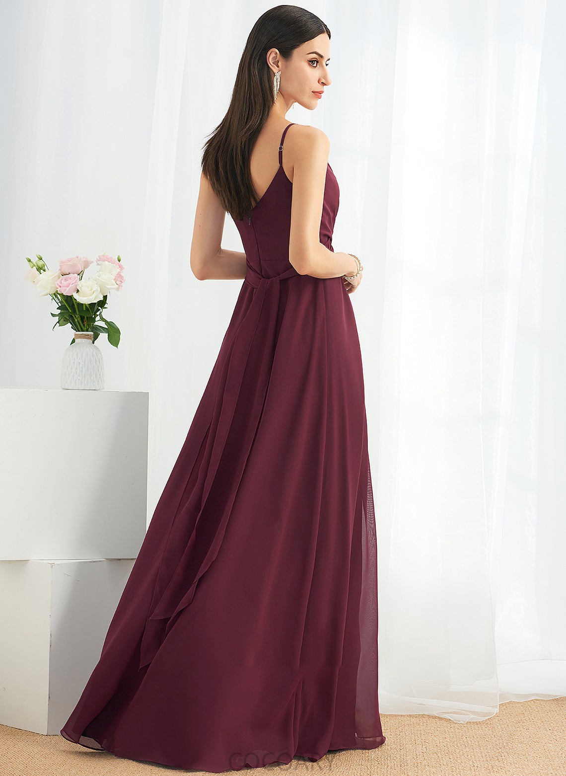 V-neck Silhouette Floor-Length Ruffle SplitFront Fabric Embellishment Neckline Length A-Line Gabriela Sleeveless Bridesmaid Dresses