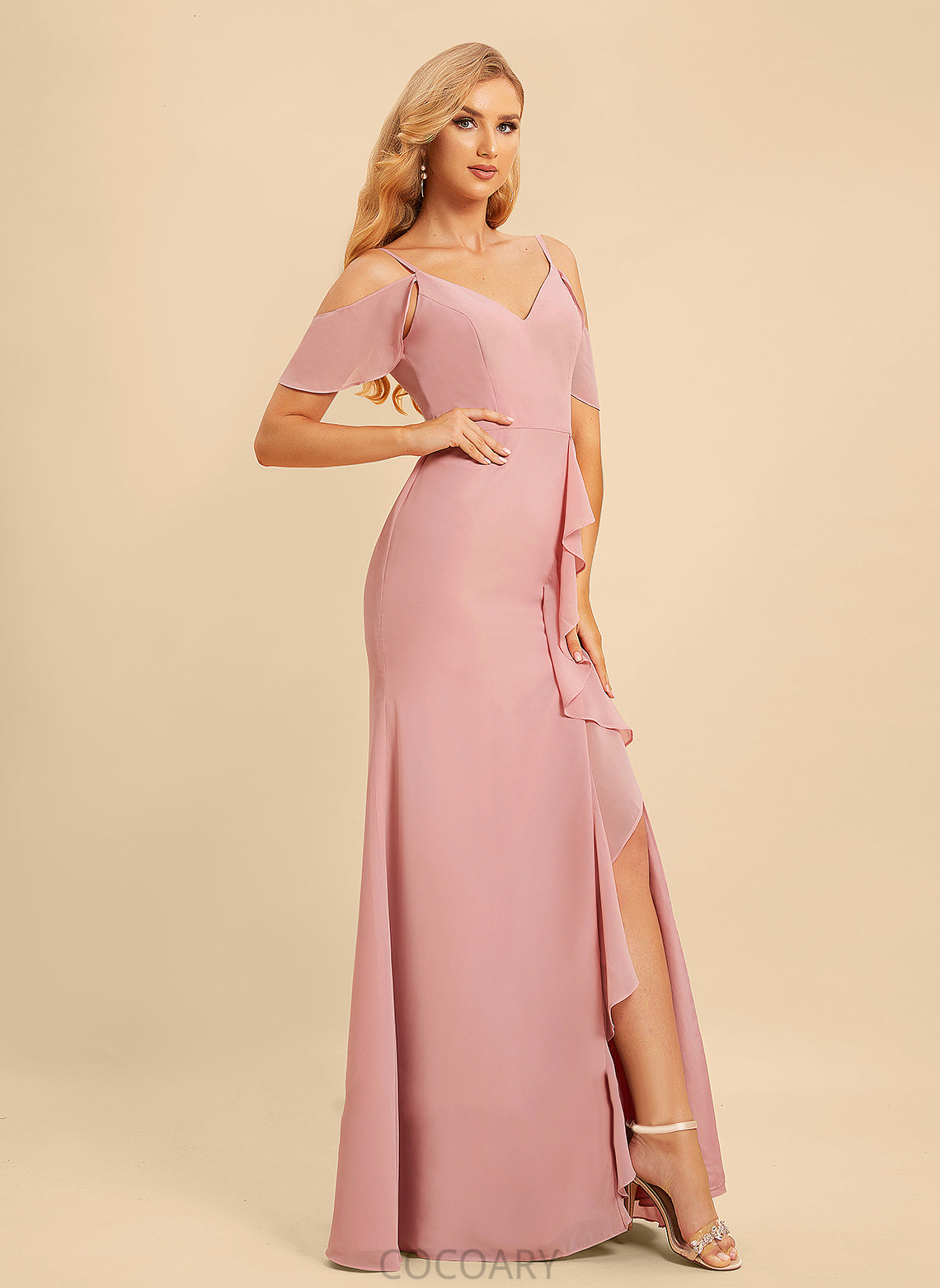 Silhouette V-neck A-Line Fabric Floor-Length Embellishment Ruffle Length SplitFront Neckline Janet Trumpet/Mermaid Bridesmaid Dresses