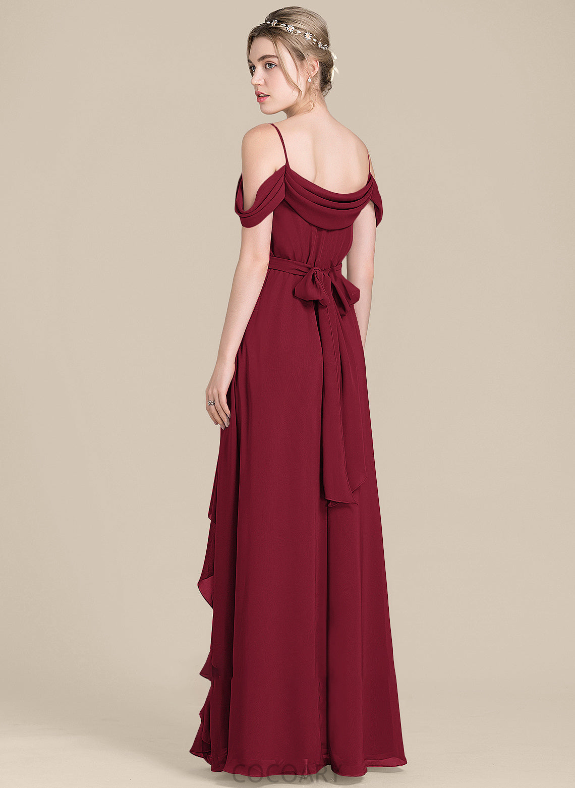 Bow(s) Embellishment Neckline V-neck Silhouette Floor-Length CascadingRuffles Length A-Line Fabric SplitFront Haylie Bridesmaid Dresses