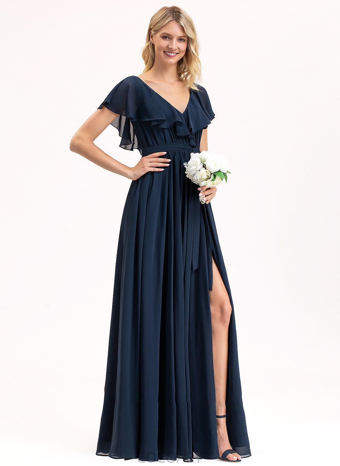 Bow(s) Silhouette A-Line V-neck CascadingRuffles SplitFront Neckline Fabric Floor-Length Length Embellishment Vivien Bridesmaid Dresses