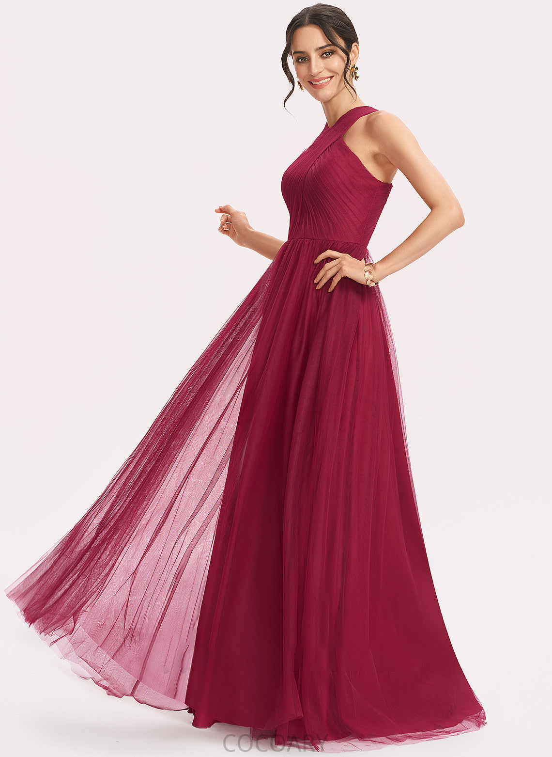 Fabric Neckline A-Line Floor-Length Silhouette Embellishment Length Halter Ruffle Amelie V-Neck Floor Length Bridesmaid Dresses