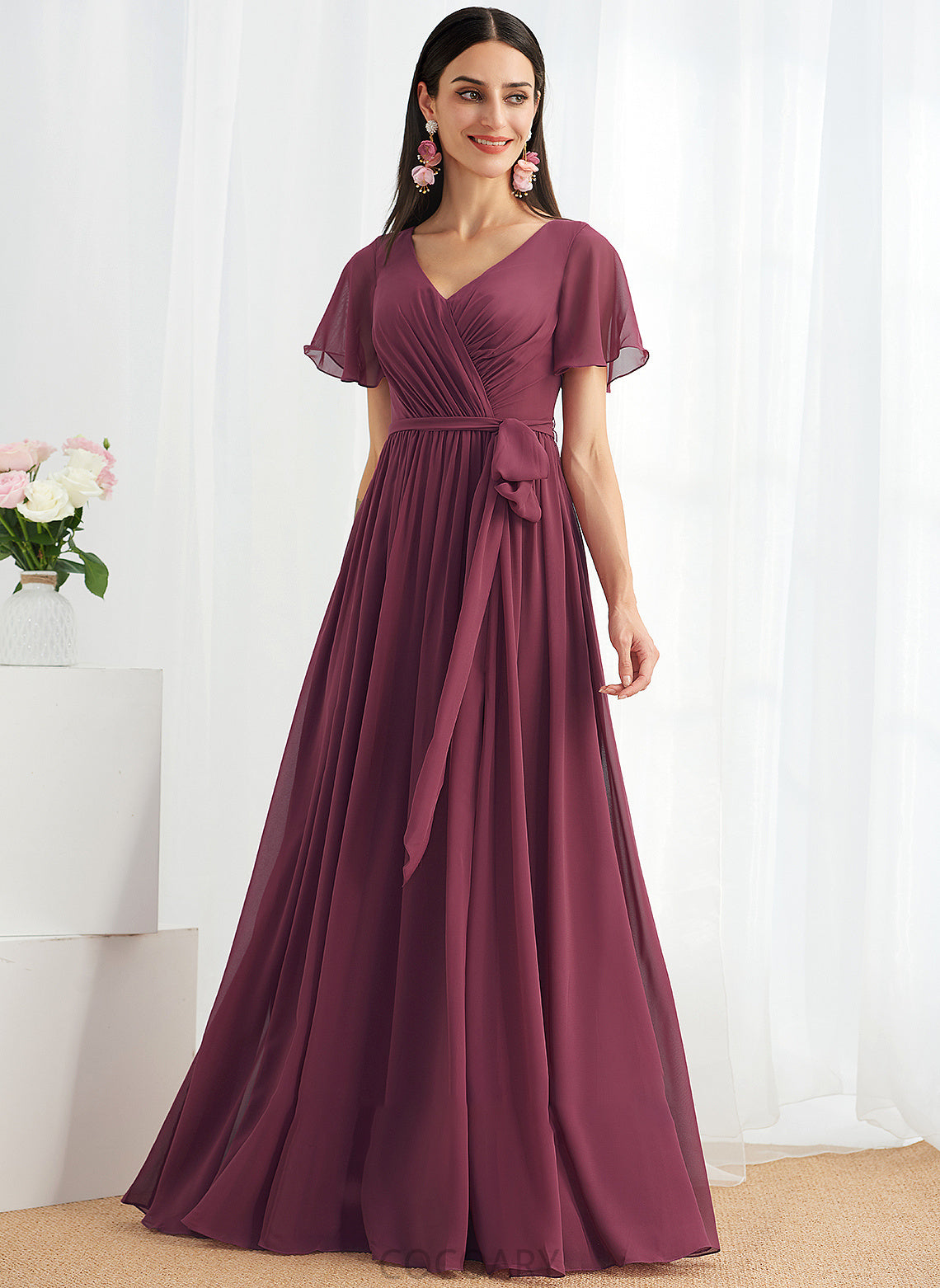 V-neck Floor-Length Length Silhouette A-Line SplitFront Neckline Embellishment Fabric Siena A-Line/Princess Sleeveless Bridesmaid Dresses