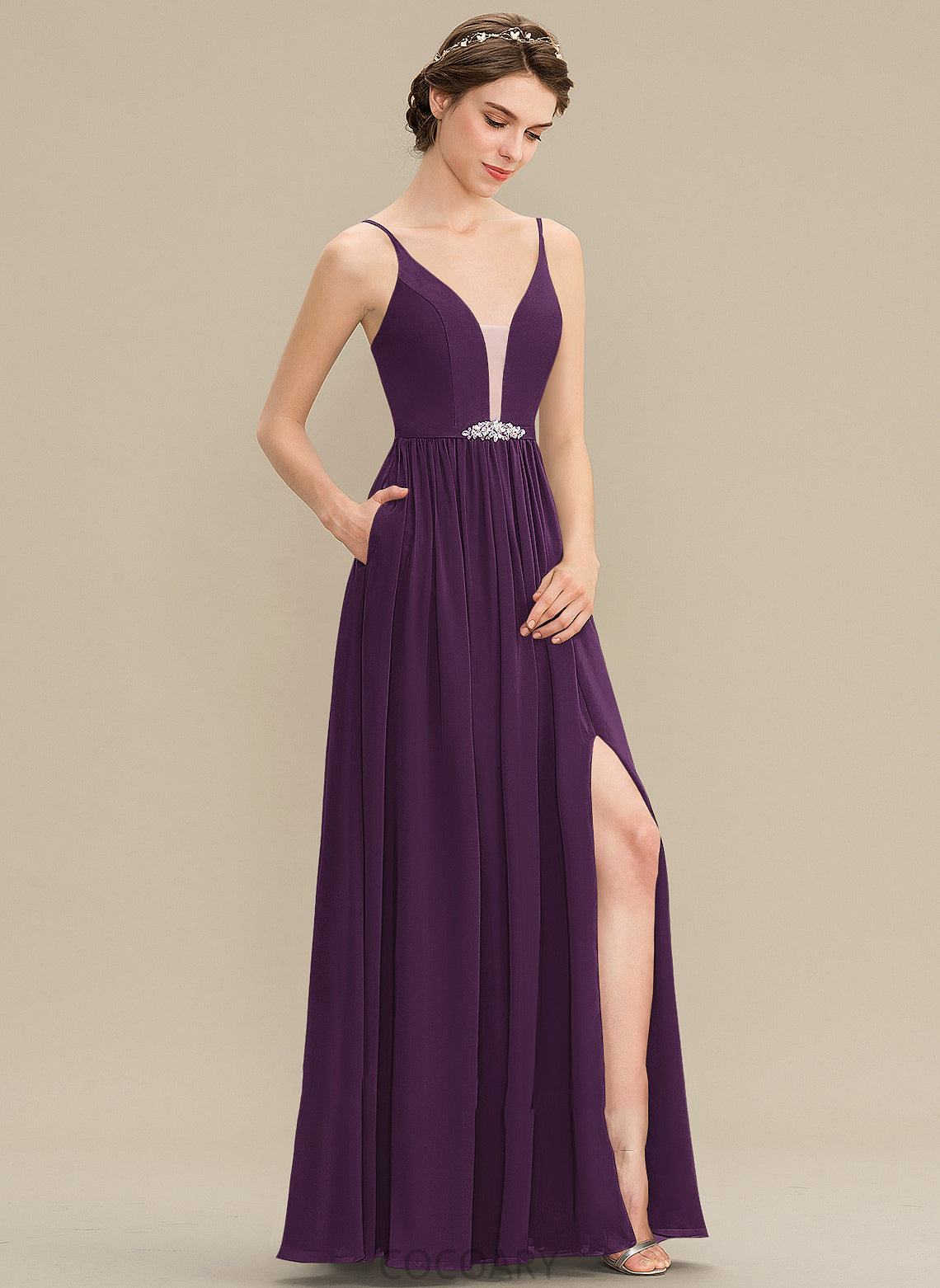 SplitFront A-Line Neckline V-neck Pockets Silhouette Floor-Length Length Fabric Embellishment Sequins Beading Bridesmaid Dresses