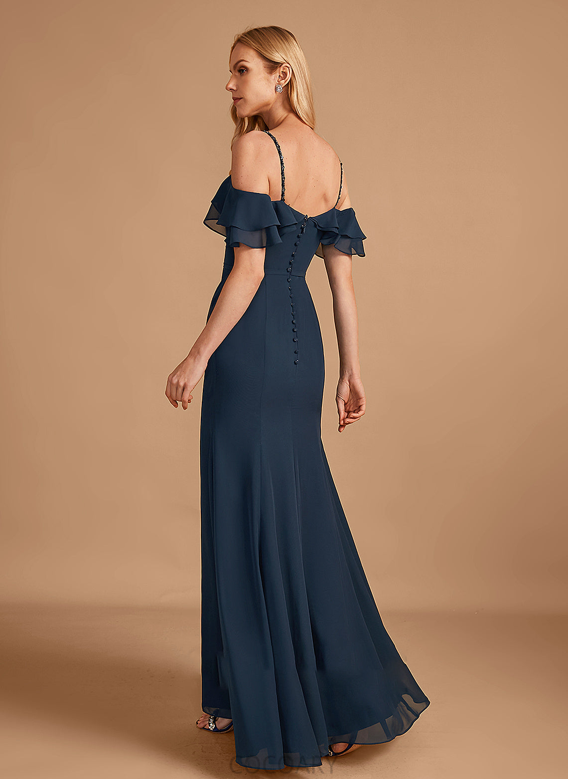 Beading Sheath/Column Neckline Floor-Length Ruffle Fabric Silhouette Embellishment Off-the-Shoulder Length Kenna A-Line/Princess Bridesmaid Dresses