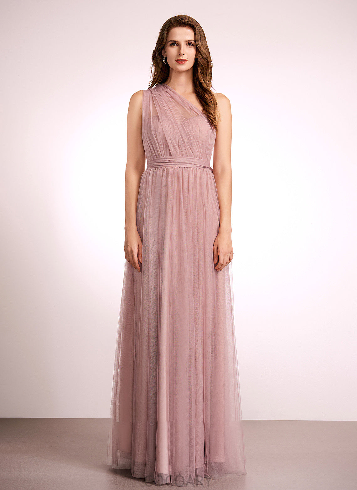 Length A-Line Floor-Length Neckline One-Shoulder Tulle Fabric Straps V-neck Off-the-Shoulder Silhouette Hillary Bridesmaid Dresses