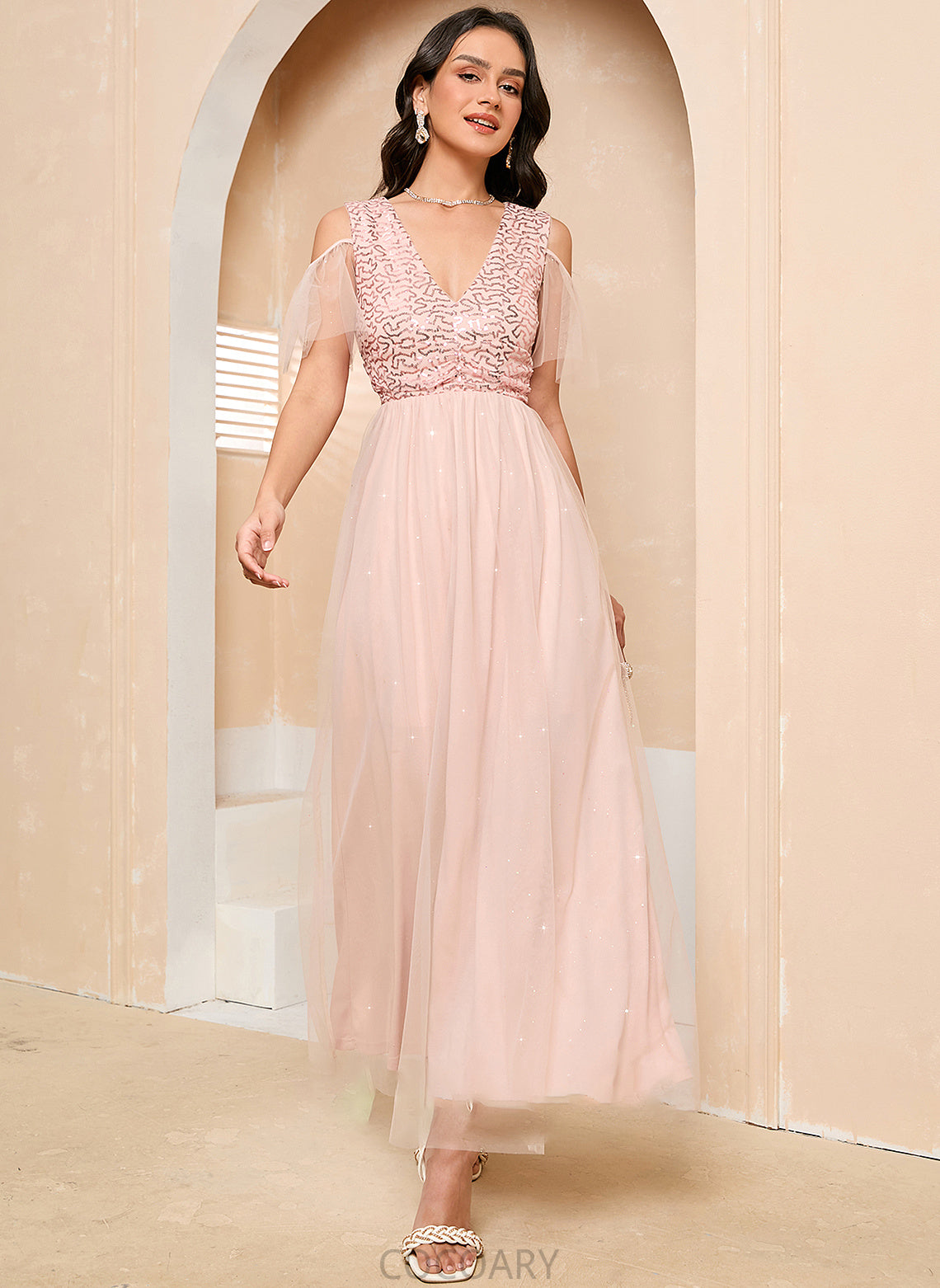 A-Line Length Neckline Silhouette Fabric Ankle-Length V-neck Tulle Straps Jaiden Spaghetti Staps Natural Waist Bridesmaid Dresses