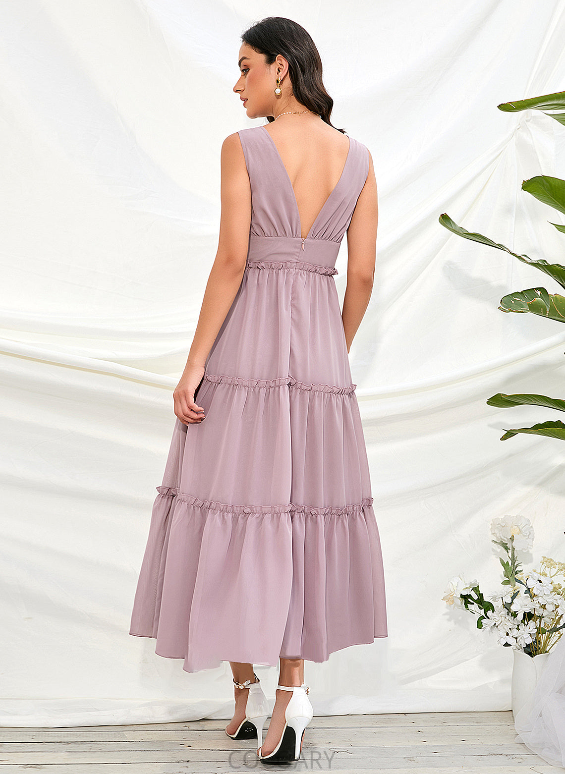 Tea-Length Length A-Line Silhouette V-neck Straps Fabric Polyester Neckline Destinee Spaghetti Staps Trumpet/Mermaid Bridesmaid Dresses