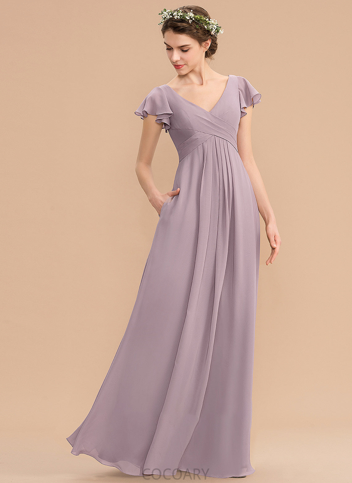 Embellishment Floor-Length Pockets CascadingRuffles Silhouette Length V-neck Fabric A-Line Neckline Alisa Natural Waist Bridesmaid Dresses