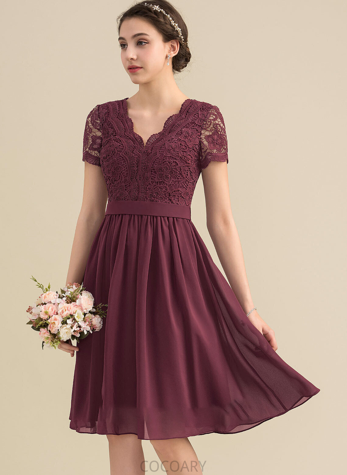 Fabric V-neck Length Lace Knee-Length A-Line Straps Silhouette Neckline Karlee Sleeveless V-Neck Bridesmaid Dresses