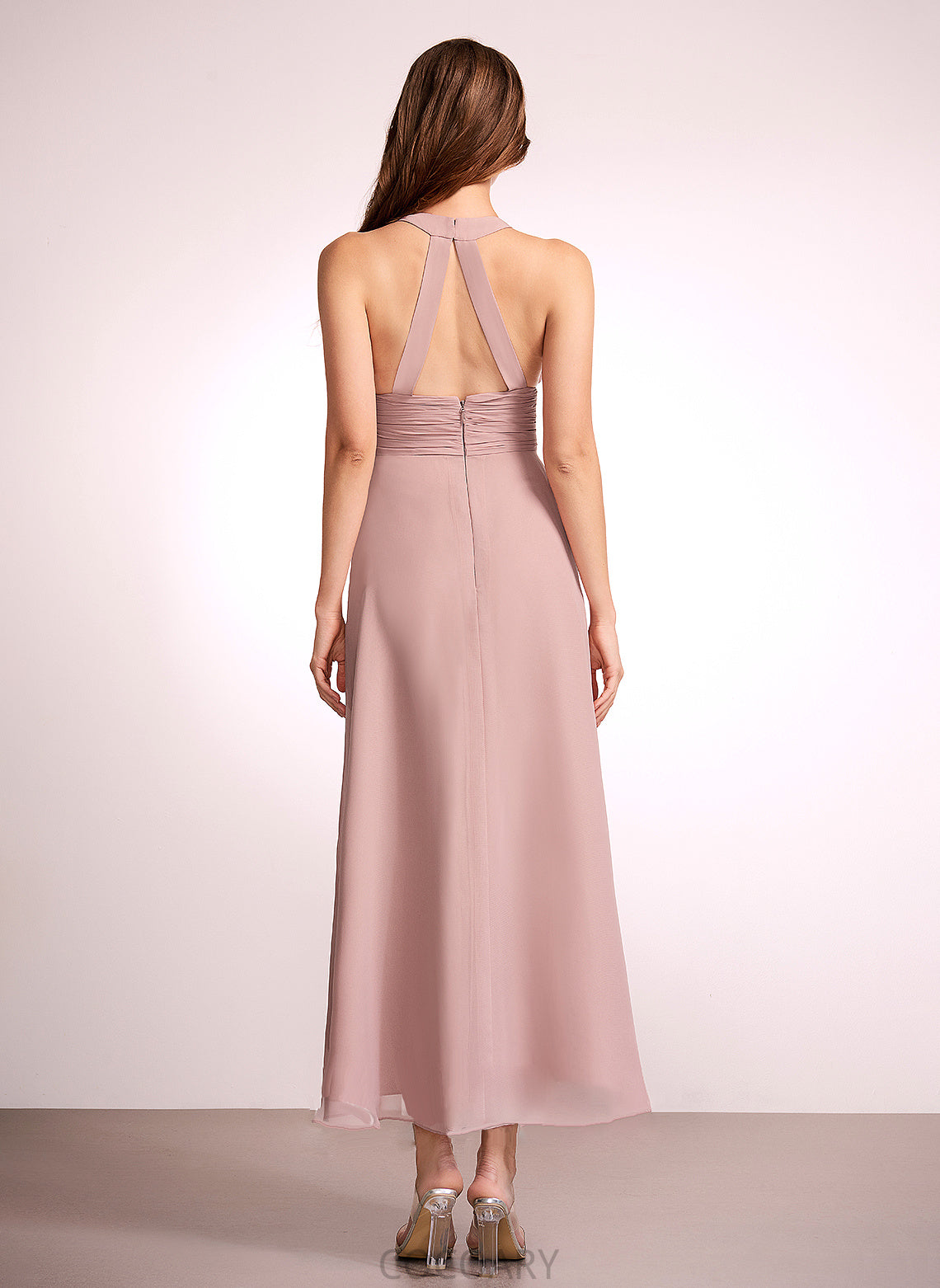 Silhouette Length V-neck Neckline Embellishment Fabric Asymmetrical SplitFront A-Line Rita Sleeveless Floor Length Bridesmaid Dresses