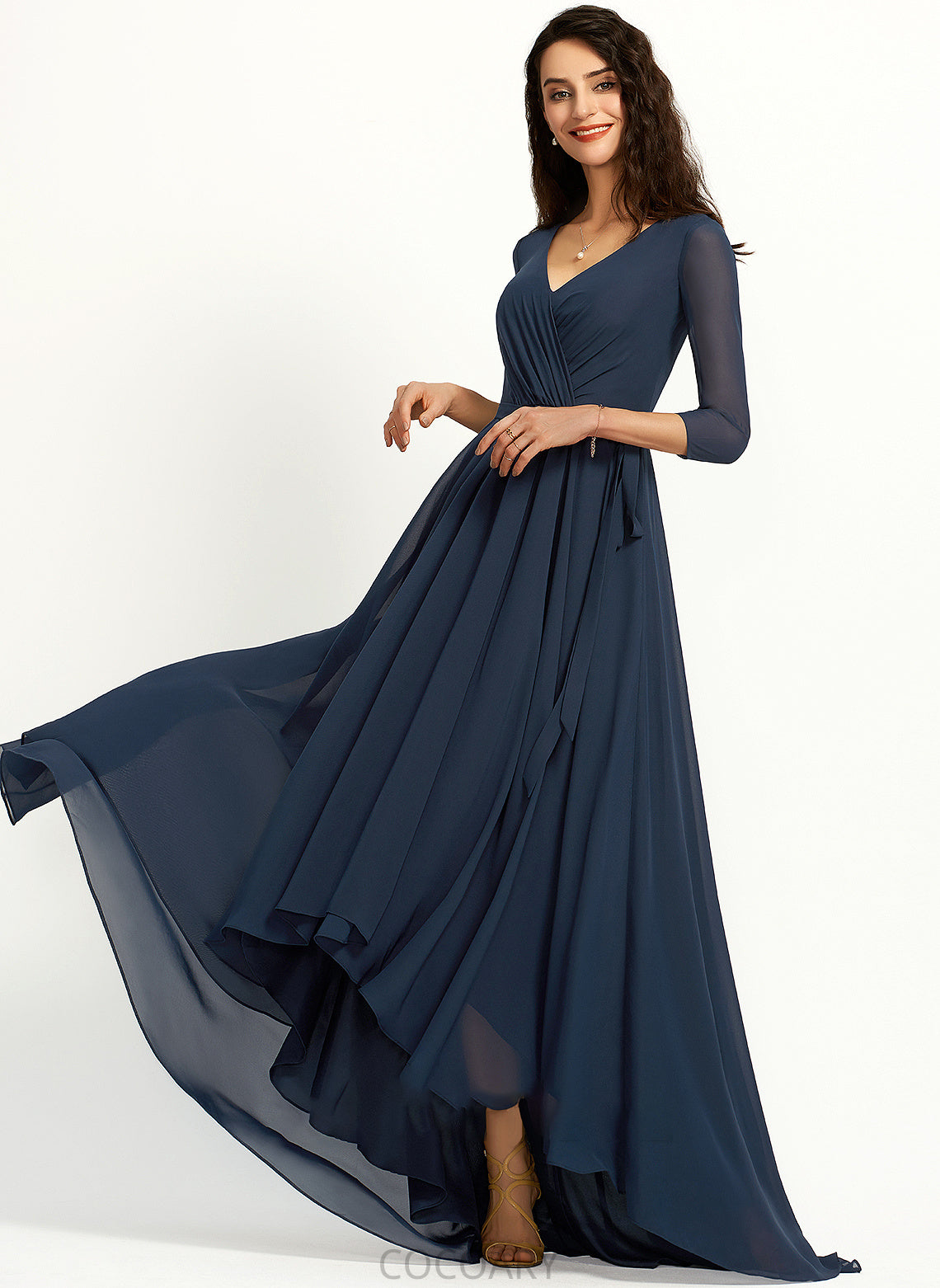 Fabric Embellishment V-neck Silhouette Length Pleated Neckline A-Line Asymmetrical Brielle Straps Floor Length Bridesmaid Dresses