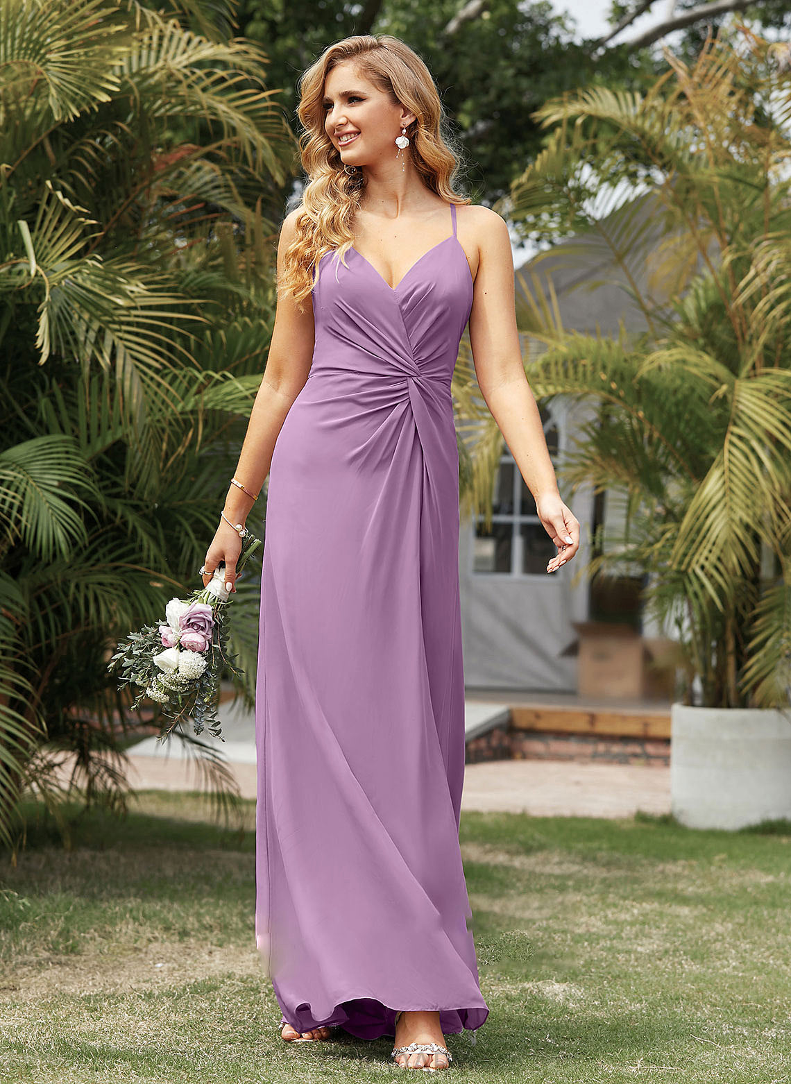 SplitFront Length V-neck A-Line Floor-Length Embellishment Silhouette Neckline Fabric Ruffle Nathaly Sleeveless Bridesmaid Dresses