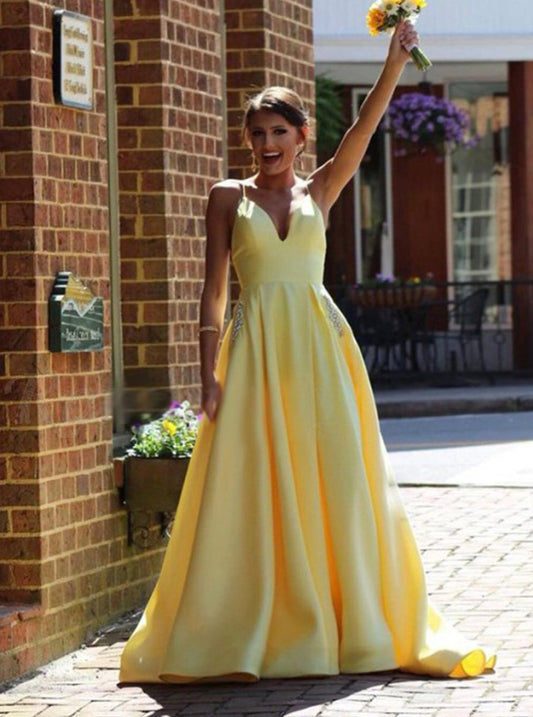 A Line Satin Spaghetti Straps Prom Dresses with Beading Pockets