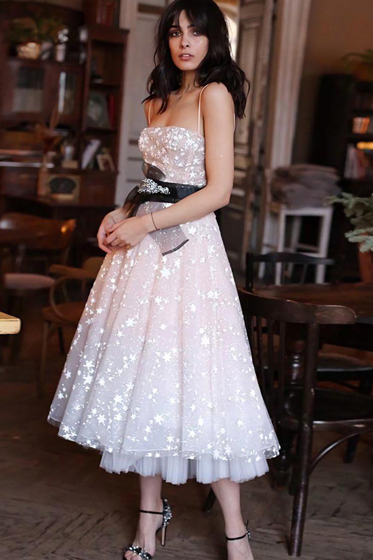 Sleeveless A Line Spaghetti Strap Tea Length Prom Homecoming Dresses