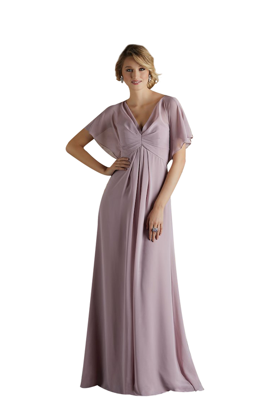 Frederica Short Sleeves Floor Length A-Line/Princess V-Neck Chiffon Natural Waist Bridesmaid Dresses