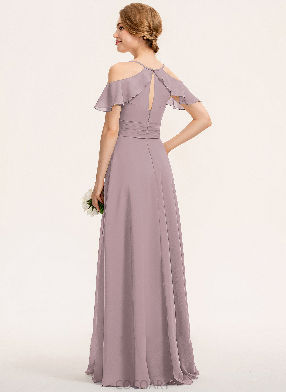 Fabric Length Silhouette CascadingRuffles Floor-Length SplitFront A-Line Ruffle Neckline Embellishment V-neck Nyla Bridesmaid Dresses