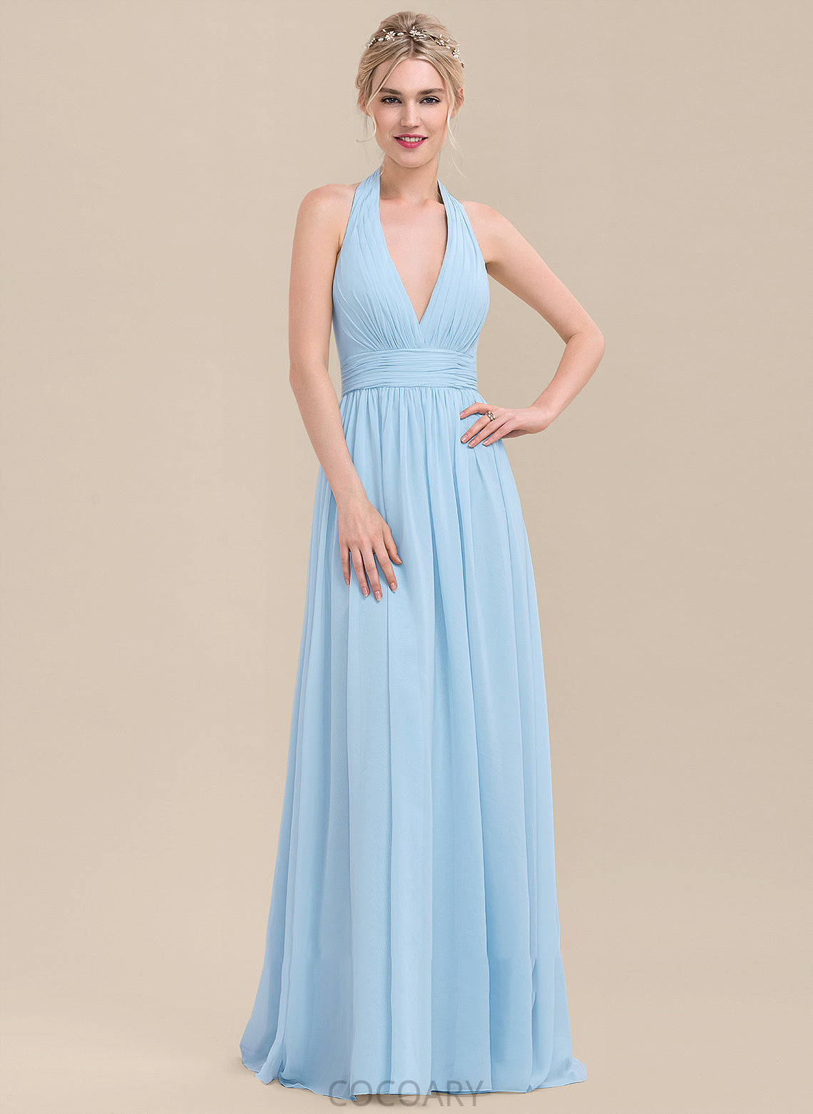 A-Line Silhouette Embellishment Ruffle Length Neckline Fabric Floor-Length Halter Jillian A-Line/Princess Natural Waist Bridesmaid Dresses