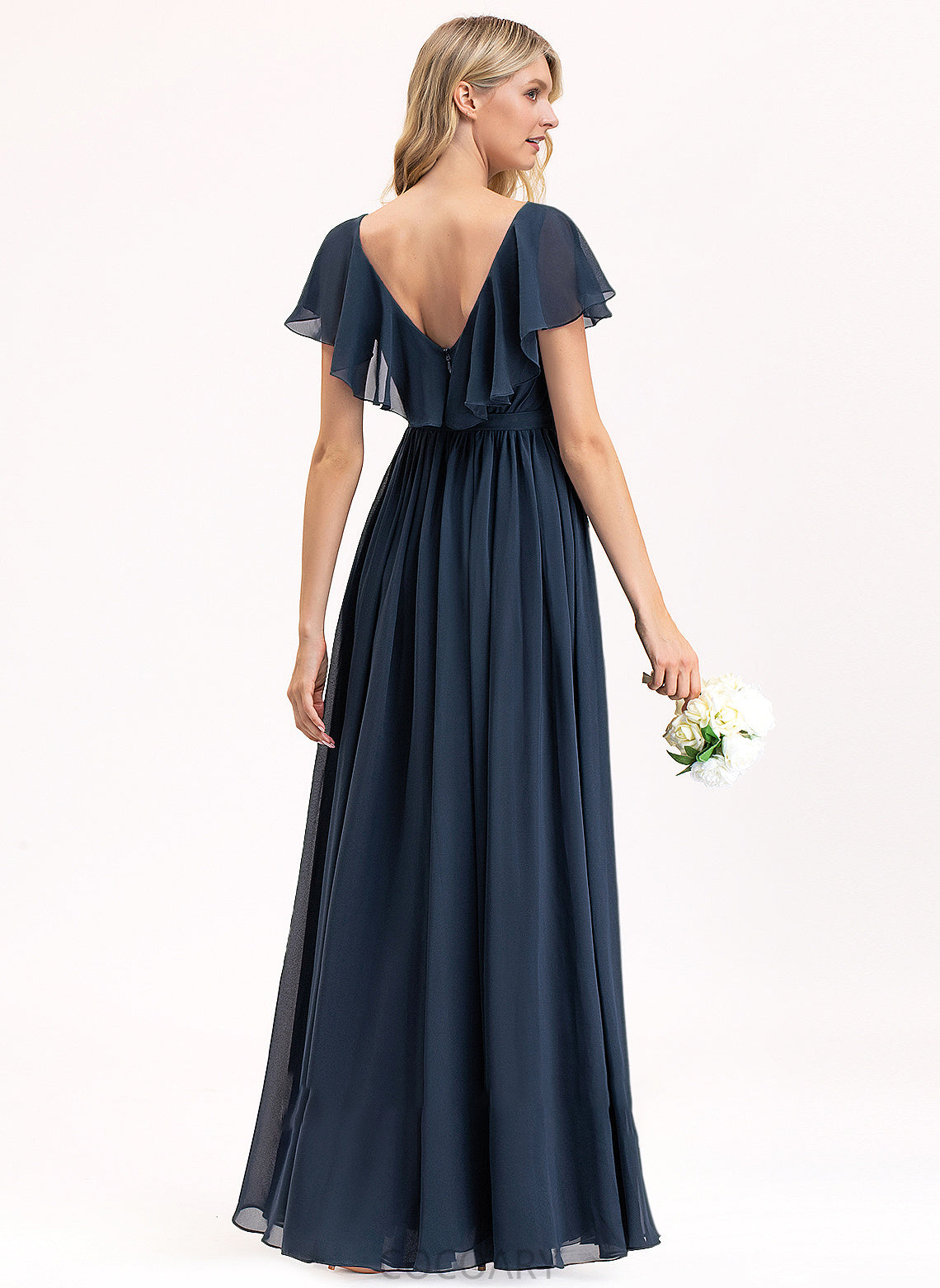 Bow(s) Silhouette A-Line V-neck CascadingRuffles SplitFront Neckline Fabric Floor-Length Length Embellishment Vivien Bridesmaid Dresses