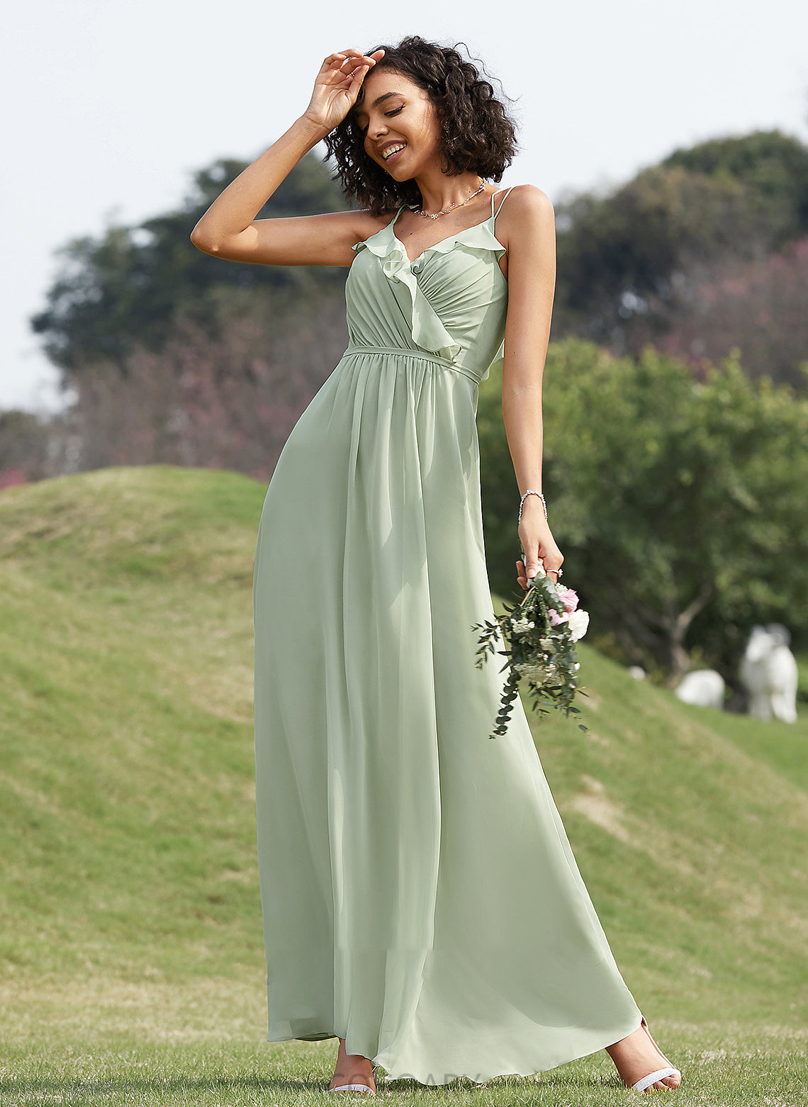 Fabric Embellishment Silhouette Length Floor-Length Ruffle V-neck Neckline A-Line Jackie Floor Length Natural Waist Bridesmaid Dresses