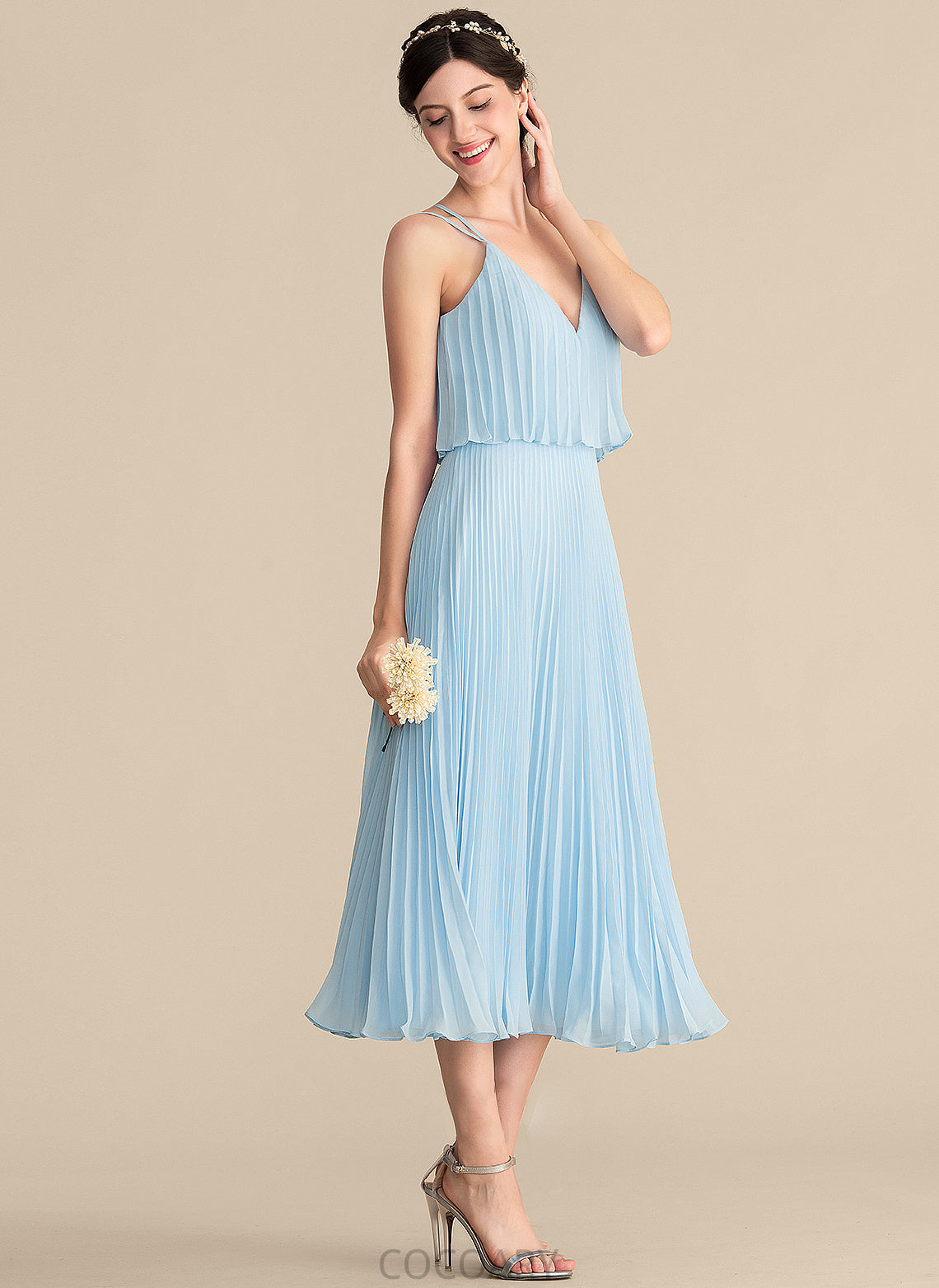 Neckline Silhouette Length Pleated Fabric Tea-Length A-Line Embellishment V-neck Rubi Spaghetti Staps A-Line/Princess Bridesmaid Dresses