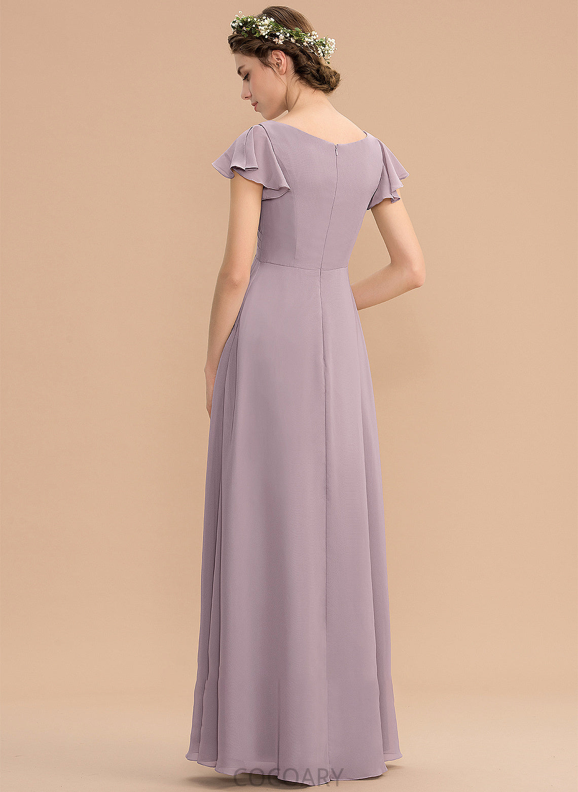 Embellishment Floor-Length Pockets CascadingRuffles Silhouette Length V-neck Fabric A-Line Neckline Alisa Natural Waist Bridesmaid Dresses