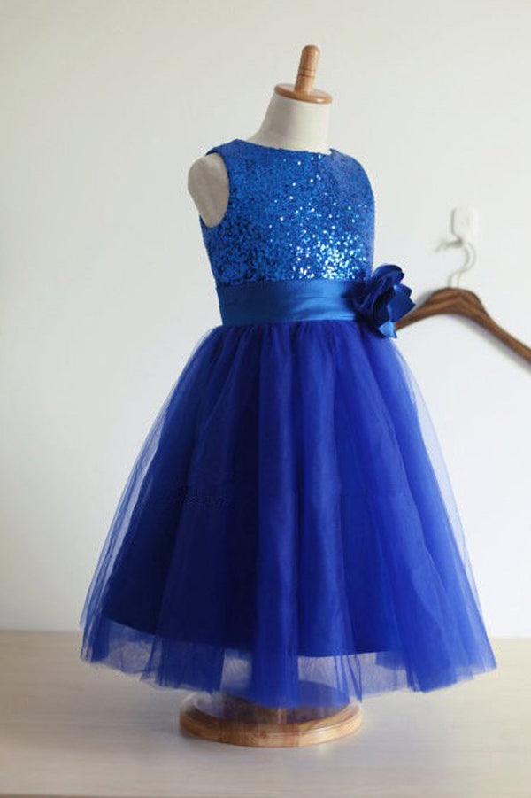 Blue A Line Floor Length Scoop Neck Sleeveless Sequins Flower Girl Dresses,Baby Dresses