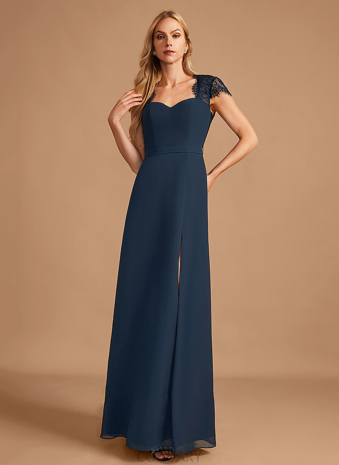 A-Line Length Lace Floor-Length Neckline SplitFront Silhouette Embellishment V-neck Fabric Gladys Natural Waist Bridesmaid Dresses